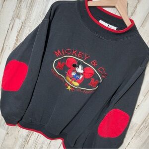 Vintage Y2K Disney Mickey‎ & Co Black Red Crewneck Sweater Elbow Patches Mens L